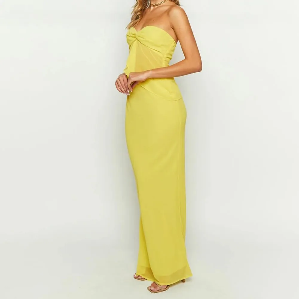 Women Y2K 2 Piece Maxi Skirt Set Strapless Crop Tube Top Ruffle Mesh Skirts Outfit Lace Trim Beach Outfit
