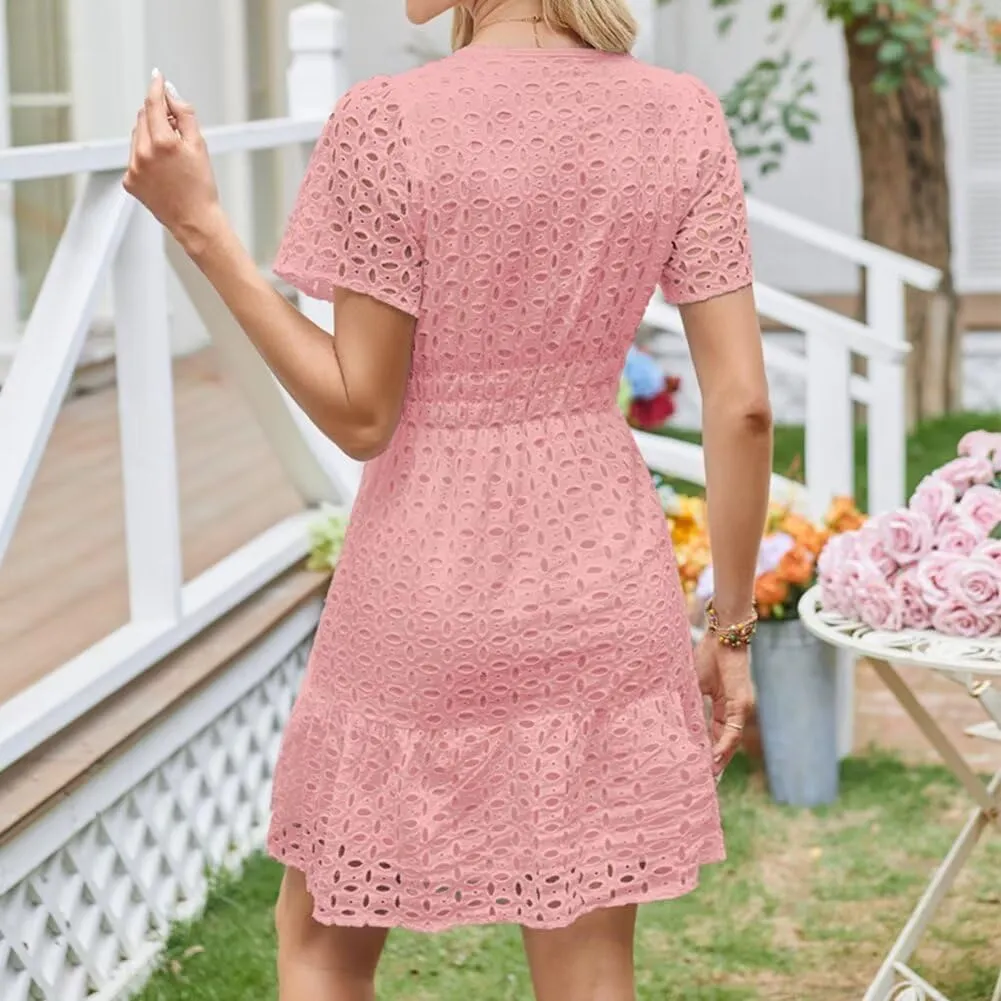 Womens 2025 Dress V Neck Short Sleeve A Line Hollow Out Eyelet Lace Ruffle Casual Party Mini Formal Dresses Sundress