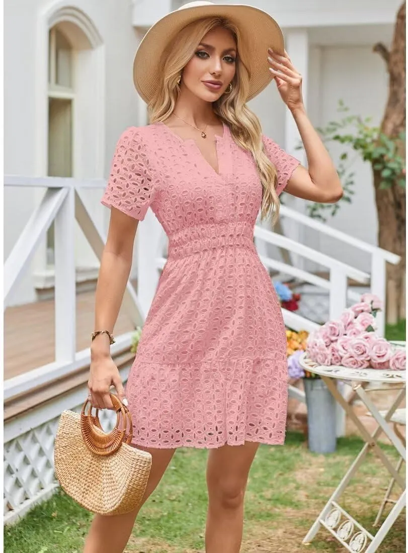 Womens 2025 Dress V Neck Short Sleeve A Line Hollow Out Eyelet Lace Ruffle Casual Party Mini Formal Dresses Sundress