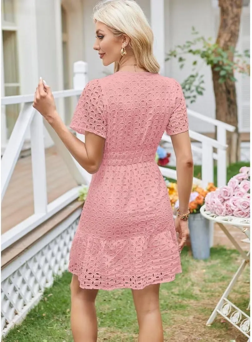 Womens 2025 Dress V Neck Short Sleeve A Line Hollow Out Eyelet Lace Ruffle Casual Party Mini Formal Dresses Sundress