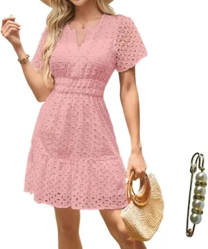 Womens 2025 Dress V Neck Short Sleeve A Line Hollow Out Eyelet Lace Ruffle Casual Party Mini Formal Dresses Sundress