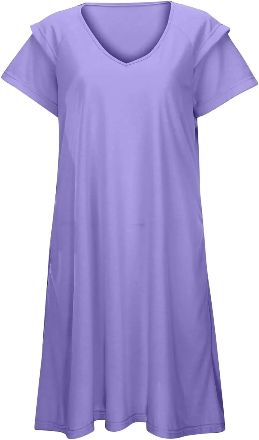 Women's 2025 Summer Dresses Casual Ruffle Sleeve Sundresses Relaxed Fit Trendy Comfy Beach Mini Dresses with Pockets
