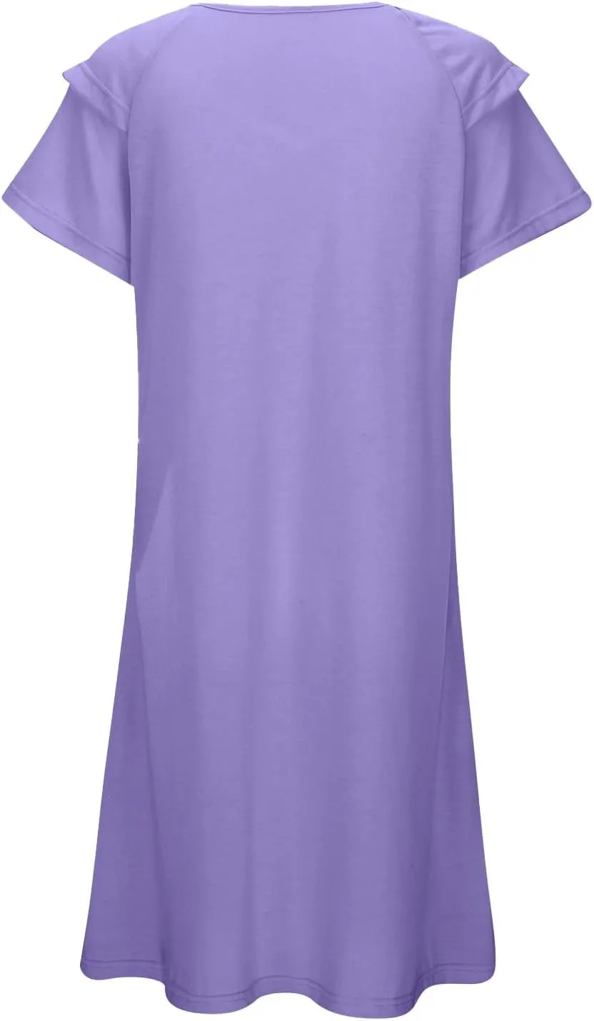 Women's 2025 Summer Dresses Casual Ruffle Sleeve Sundresses Relaxed Fit Trendy Comfy Beach Mini Dresses with Pockets