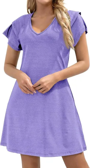 Women's 2025 Summer Dresses Casual Ruffle Sleeve Sundresses Relaxed Fit Trendy Comfy Beach Mini Dresses with Pockets