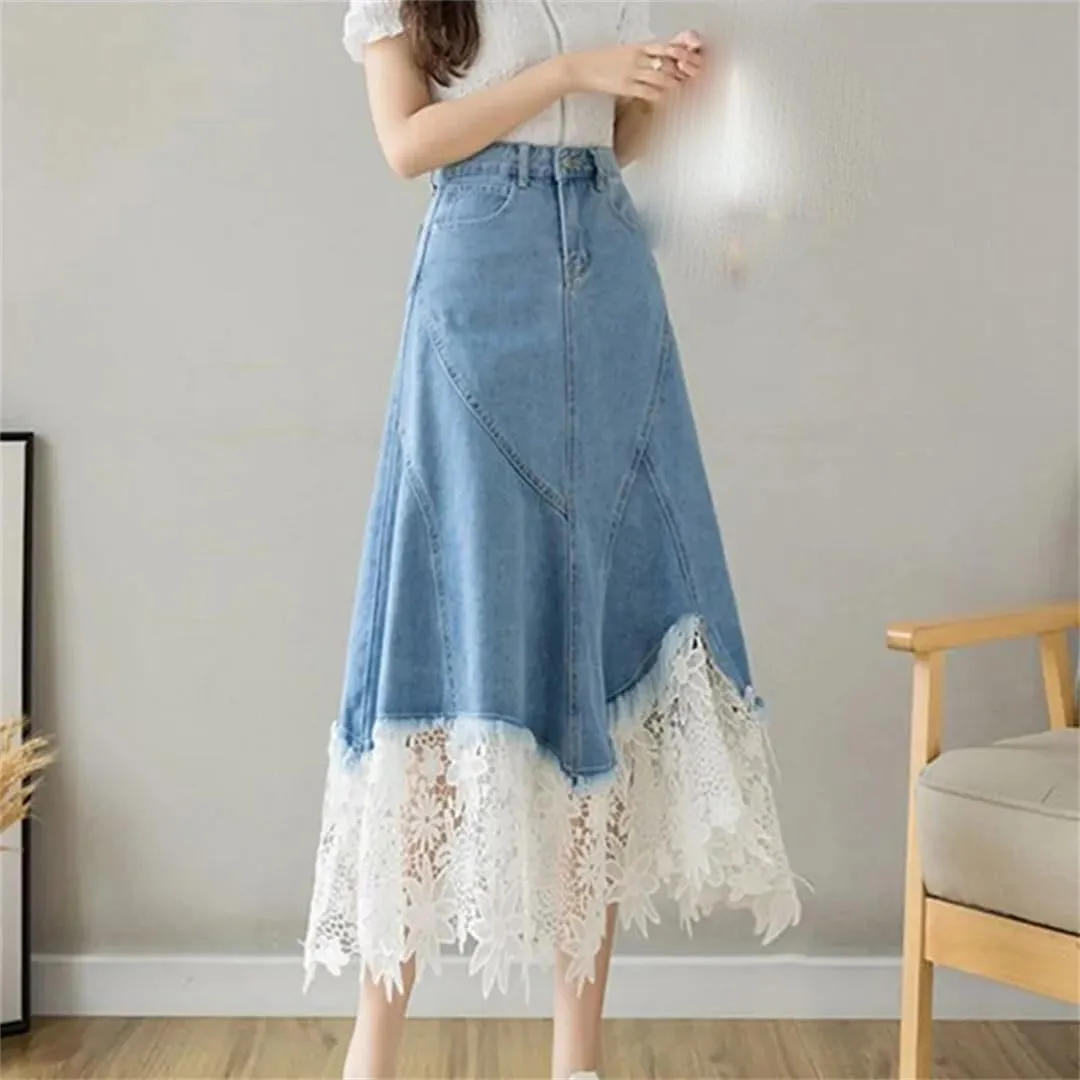 Women's Asymmetrical Lace Patchwork Denim Skirt with Pockets High Waisted Button Down Ruffle Skirts