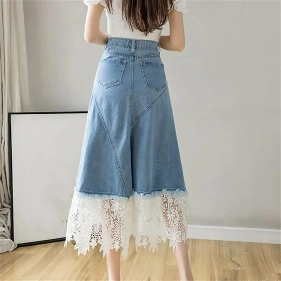Women's Asymmetrical Lace Patchwork Denim Skirt with Pockets High Waisted Button Down Ruffle Skirts