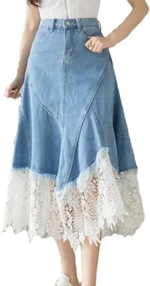 Women's Asymmetrical Lace Patchwork Denim Skirt with Pockets High Waisted Button Down Ruffle Skirts