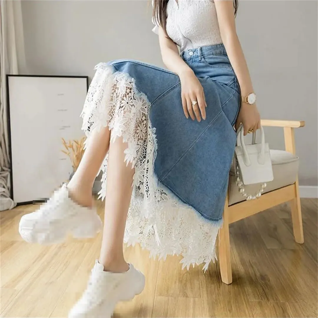 Women's Asymmetrical Lace Patchwork Denim Skirt with Pockets High Waisted Button Down Ruffle Skirts