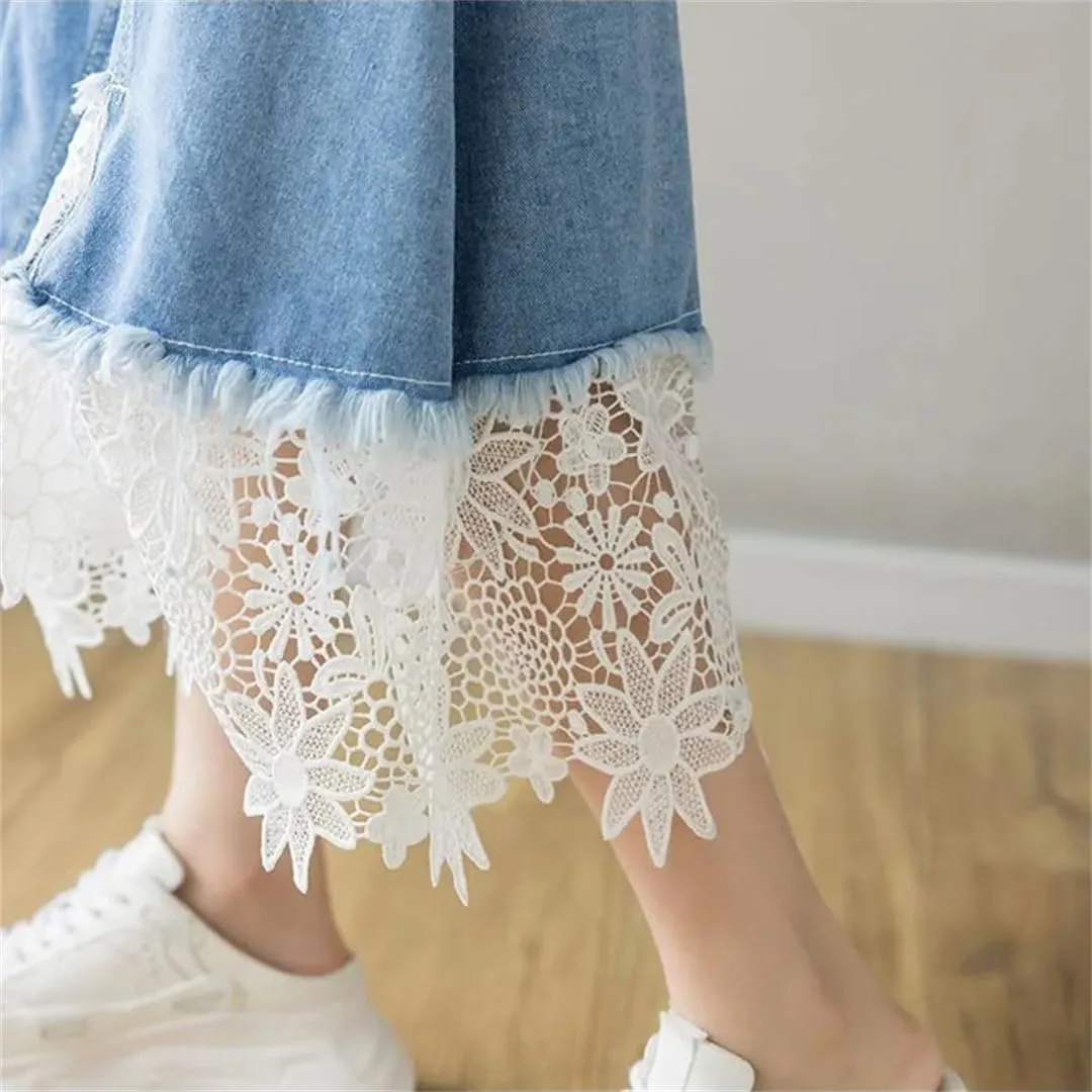 Women's Asymmetrical Lace Patchwork Denim Skirt with Pockets High Waisted Button Down Ruffle Skirts