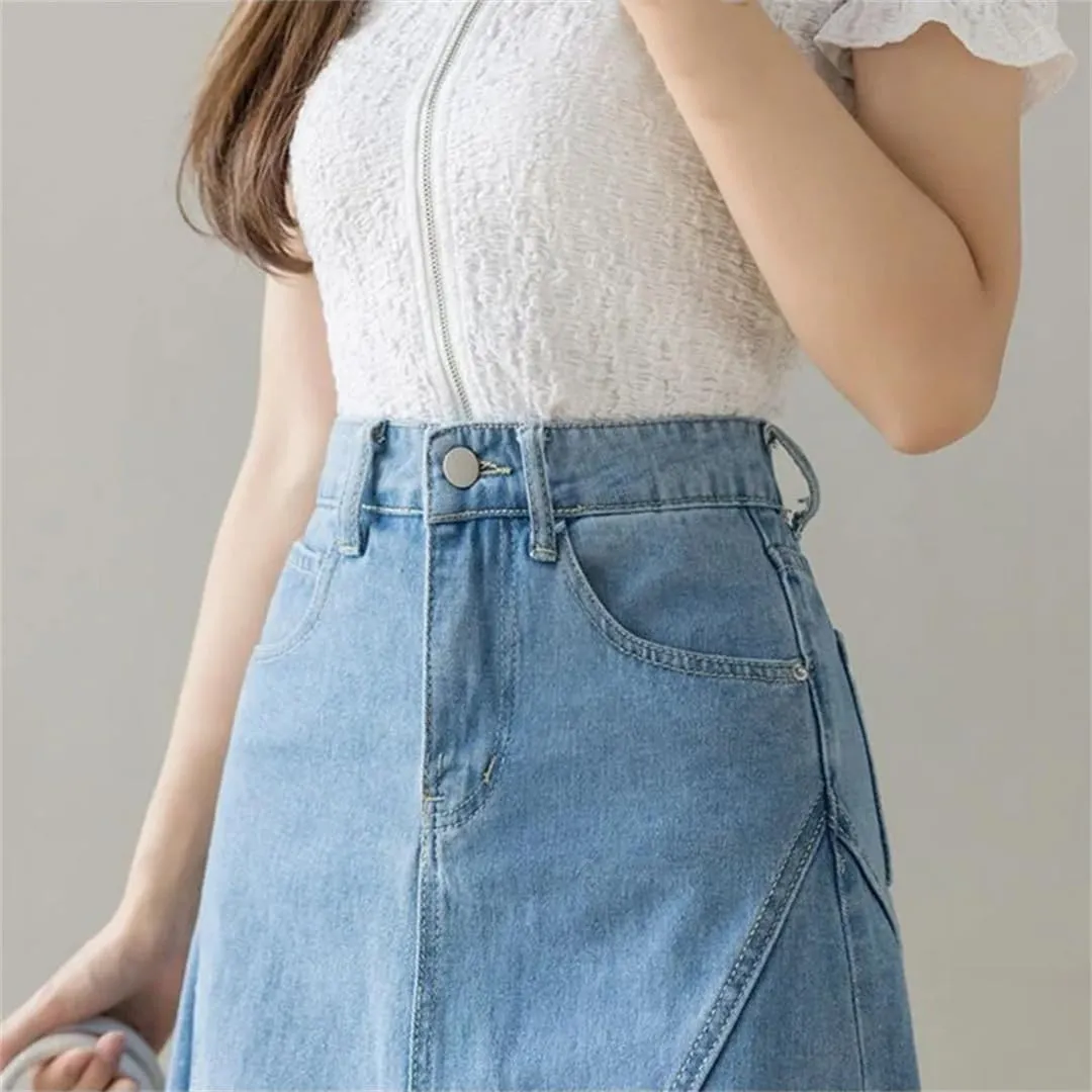 Women's Asymmetrical Lace Patchwork Denim Skirt with Pockets High Waisted Button Down Ruffle Skirts