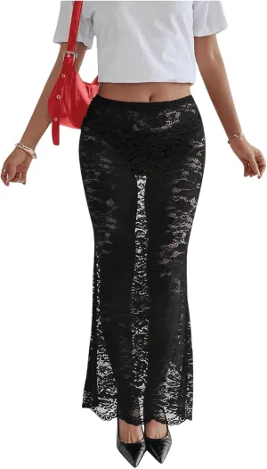 Women's Beach Coverup Y2K Floral Lace Mesh Skirts See Through Fishtail Bodycon Summer Maxi Skirts