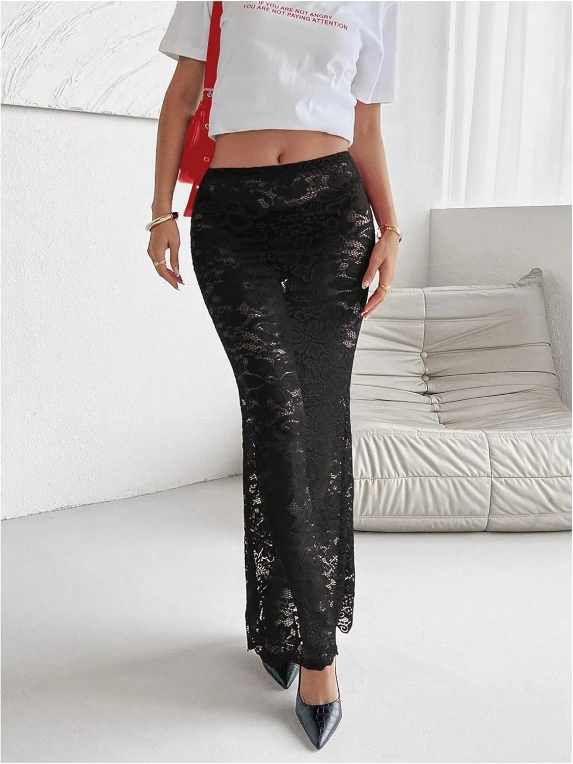 Women's Beach Coverup Y2K Floral Lace Mesh Skirts See Through Fishtail Bodycon Summer Maxi Skirts