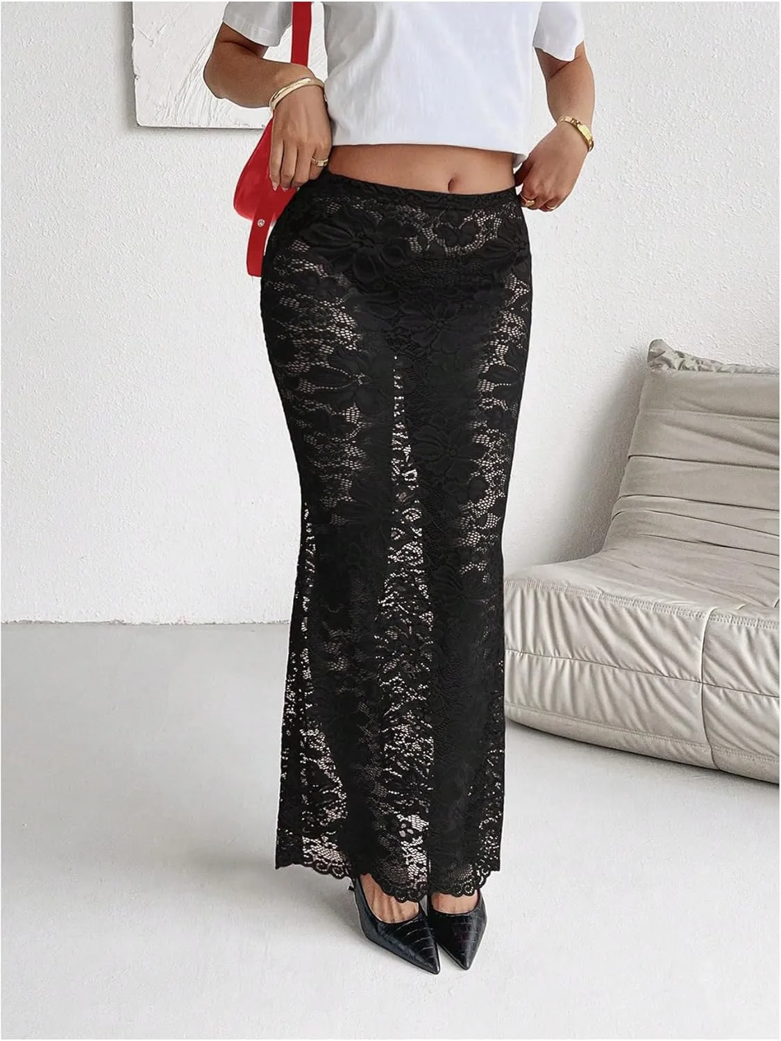 Women's Beach Coverup Y2K Floral Lace Mesh Skirts See Through Fishtail Bodycon Summer Maxi Skirts