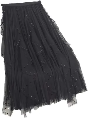 Women's Beading Tulle Midi Long Skirt Female Elastic High Waist Pleated A Line Mesh Skirts