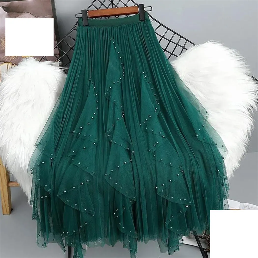 Women's Beading Tulle Midi Long Skirt Female Elastic High Waist Pleated A Line Mesh Skirts