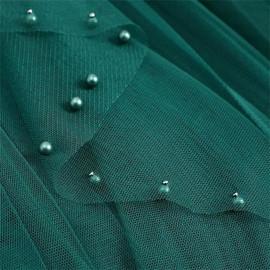 Women's Beading Tulle Midi Long Skirt Female Elastic High Waist Pleated A Line Mesh Skirts