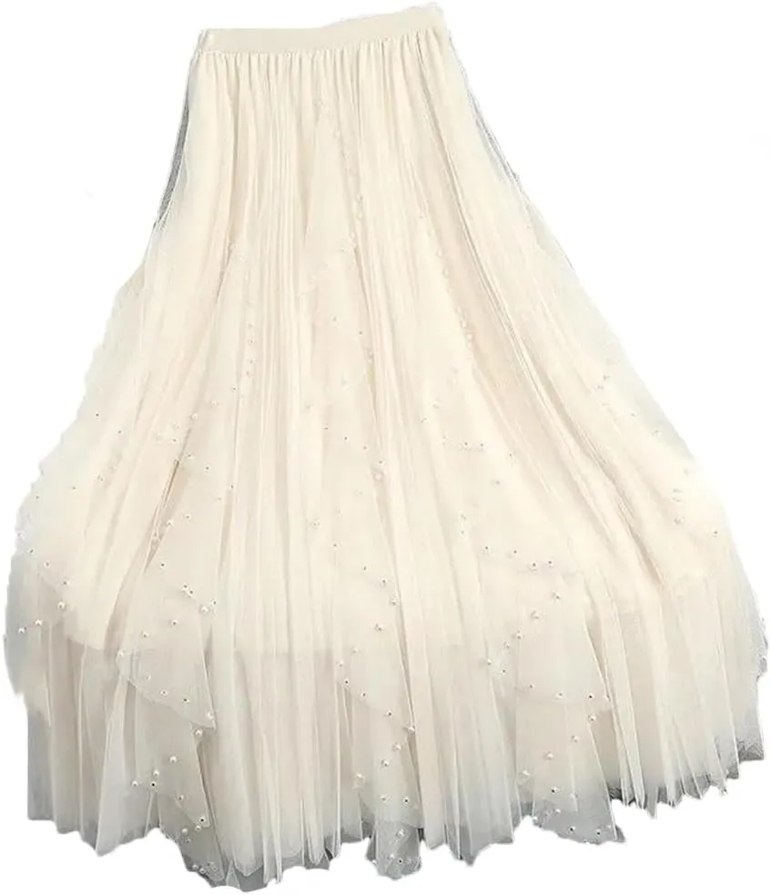 Women's Beading Tulle Midi Long Skirt Female Elastic High Waist Pleated A Line Mesh Skirts