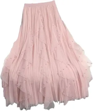 Women's Beading Tulle Midi Long Skirt Female Elastic High Waist Pleated A Line Mesh Skirts