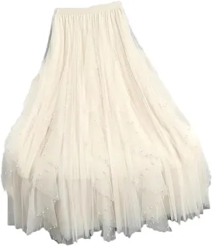 Women's Beading Tulle Midi Long Skirt Female Elastic High Waist Pleated A Line Mesh Skirts