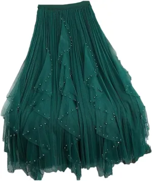 Women's Beading Tulle Midi Long Skirt Female Elastic High Waist Pleated A Line Mesh Skirts
