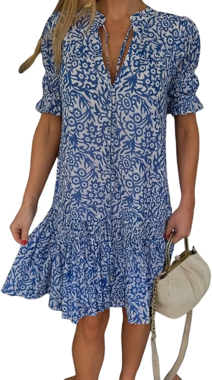 Women's Boho Floral V-Neck Ruffle Hem Mini Dress Summer Beach Wedding Guest Casual Outdoor Dress