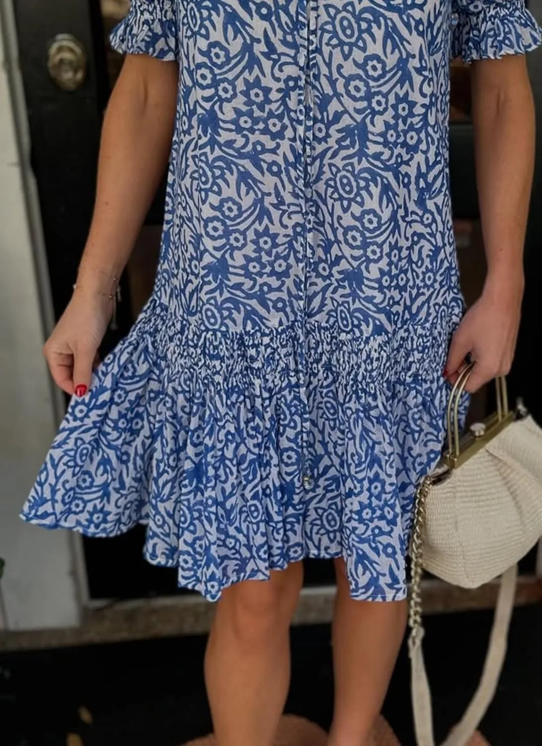 Women's Boho Floral V-Neck Ruffle Hem Mini Dress Summer Beach Wedding Guest Casual Outdoor Dress
