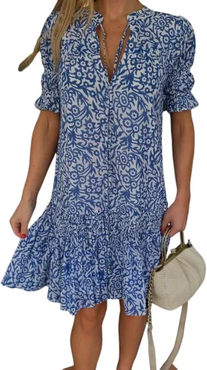 Women's Boho Floral V-Neck Ruffle Hem Mini Dress Summer Beach Wedding Guest Casual Outdoor Dress
