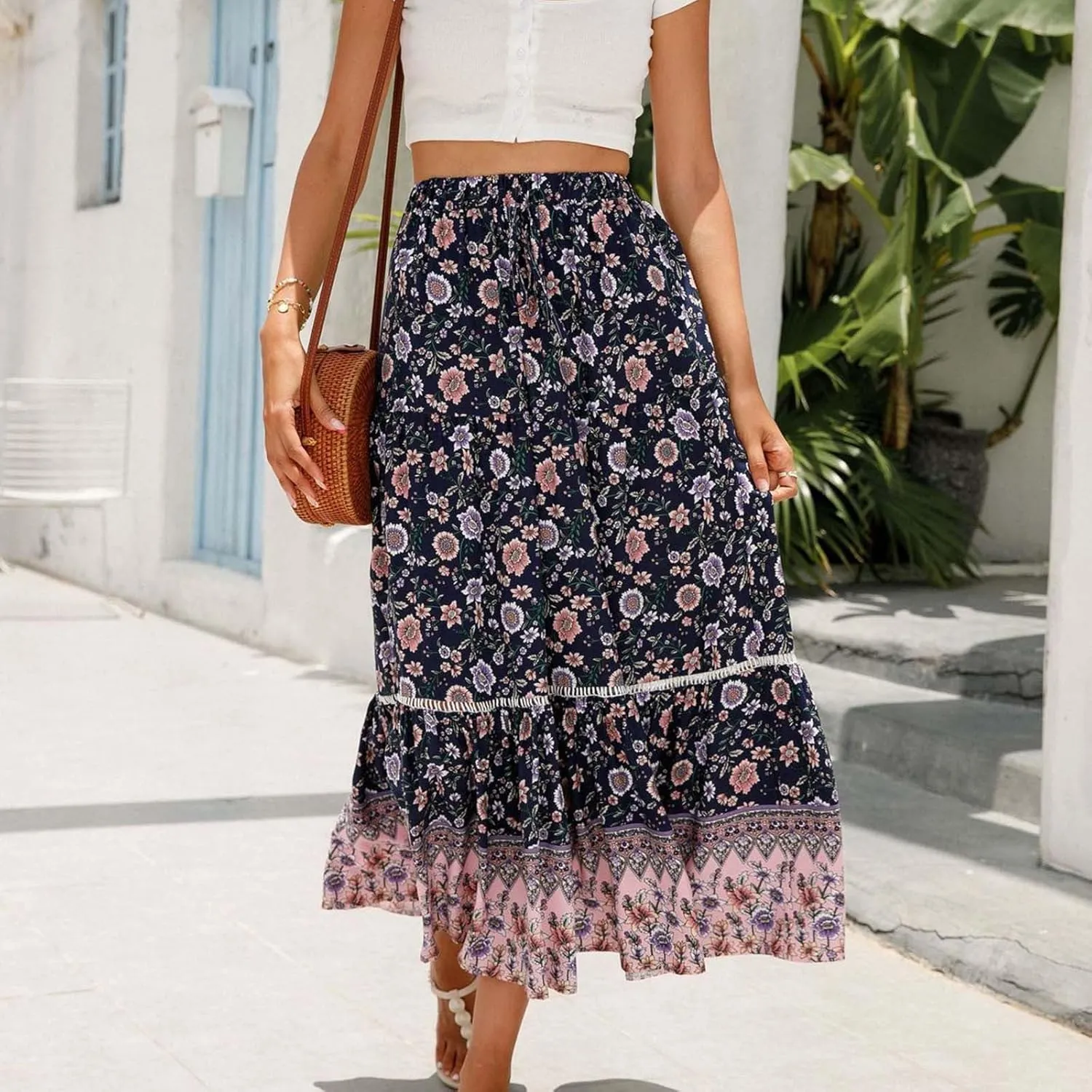 Womens Boho Maxi Skirts Vintage Elastic High Waist Floral Pleated A-Line Long Skirts Beach Vacation Clothes