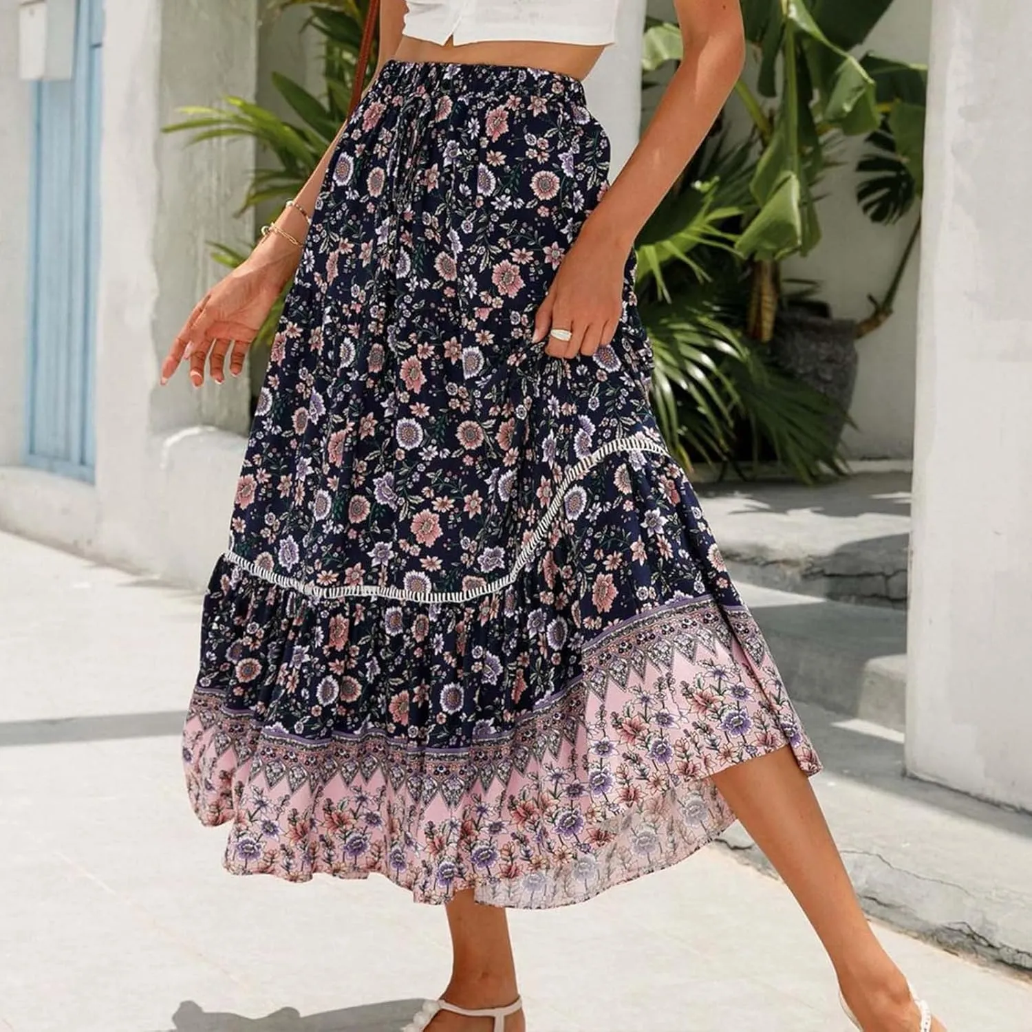Womens Boho Maxi Skirts Vintage Elastic High Waist Floral Pleated A-Line Long Skirts Beach Vacation Clothes