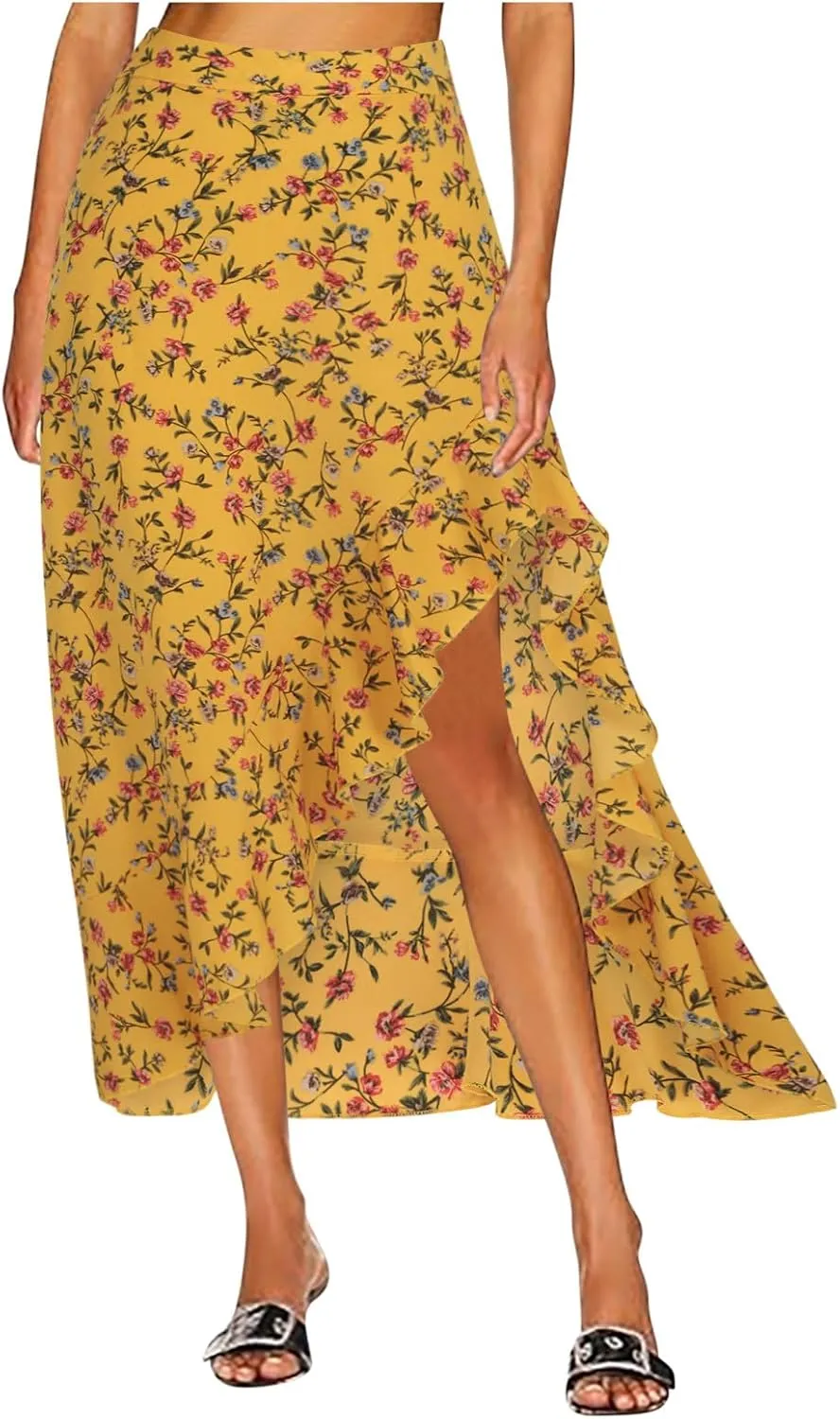 Womens Boho Peplum Slit Maxi Long Midi Knee High Floral Print Loose Fit Skirts for Women Chiffon 2025 Y2K