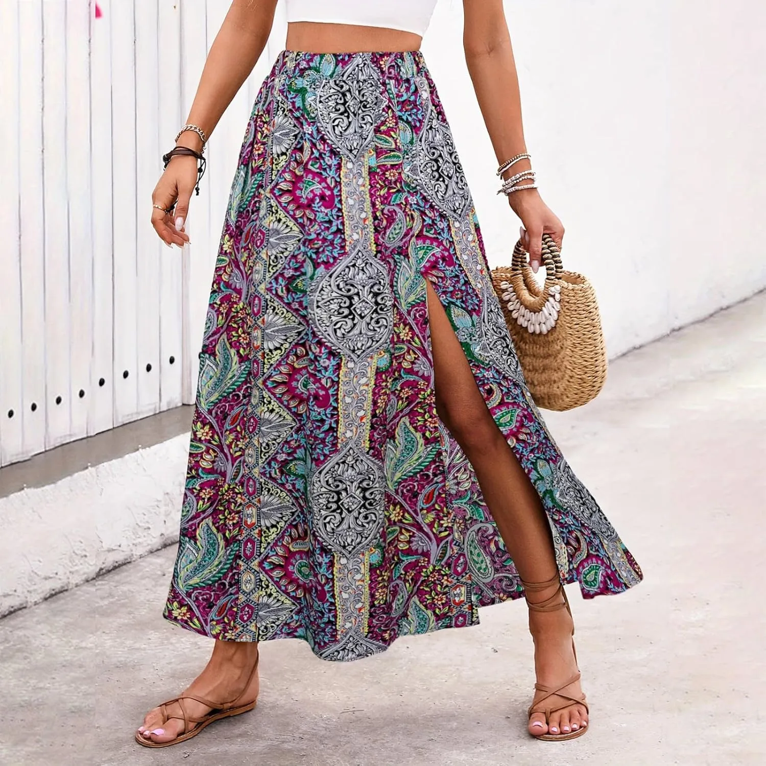 Women's Boho Skirts Paisley Print Bohemian Skirts Vintage Shirred High Waisted Ruffle Swing Long Maxi Flared Skirts