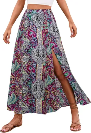 Women's Boho Skirts Paisley Print Bohemian Skirts Vintage Shirred High Waisted Ruffle Swing Long Maxi Flared Skirts