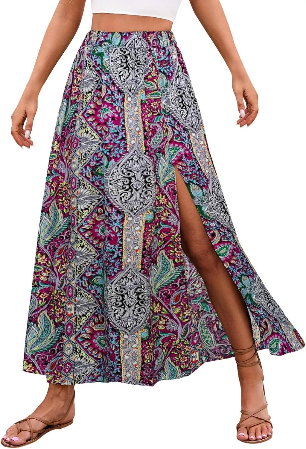 Women's Boho Skirts Paisley Print Bohemian Skirts Vintage Shirred High Waisted Ruffle Swing Long Maxi Flared Skirts