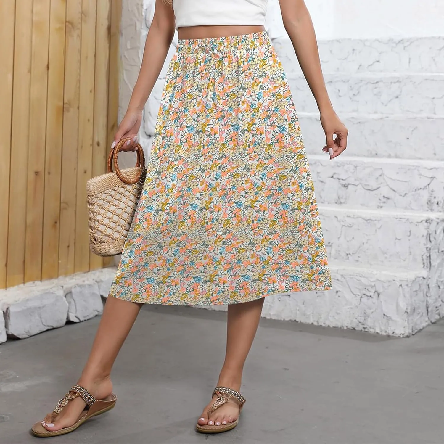 Womens Boho Skirts Summer Trendy Flowy Swing High Waisted Floral Midi Skirts Pleated Beach A-Line Skirt with Pockets
