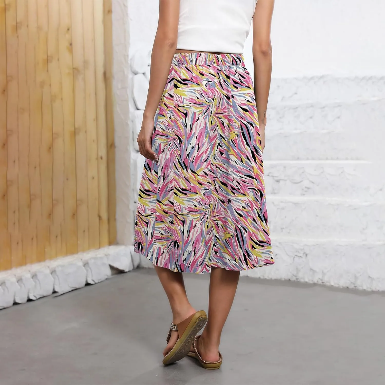 Womens Boho Skirts Summer Trendy Flowy Swing High Waisted Floral Midi Skirts Pleated Beach A-Line Skirt with Pockets