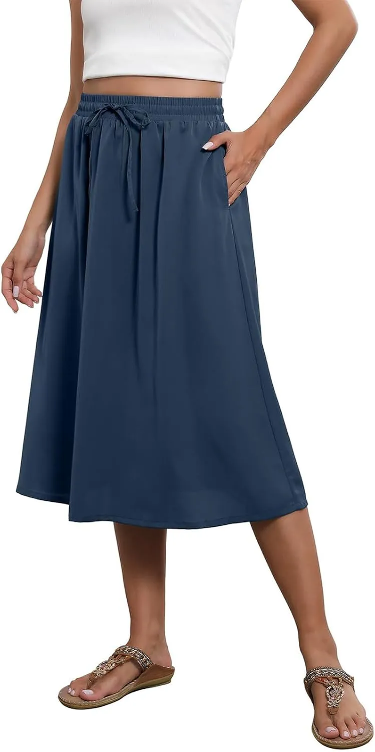 Womens Boho Skirts Summer Trendy Flowy Swing High Waisted Floral Midi Skirts Pleated Beach A-Line Skirt with Pockets
