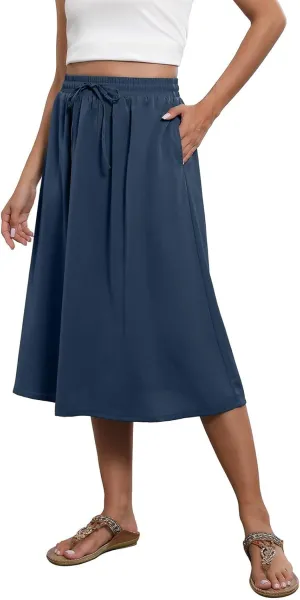 Womens Boho Skirts Summer Trendy Flowy Swing High Waisted Floral Midi Skirts Pleated Beach A-Line Skirt with Pockets