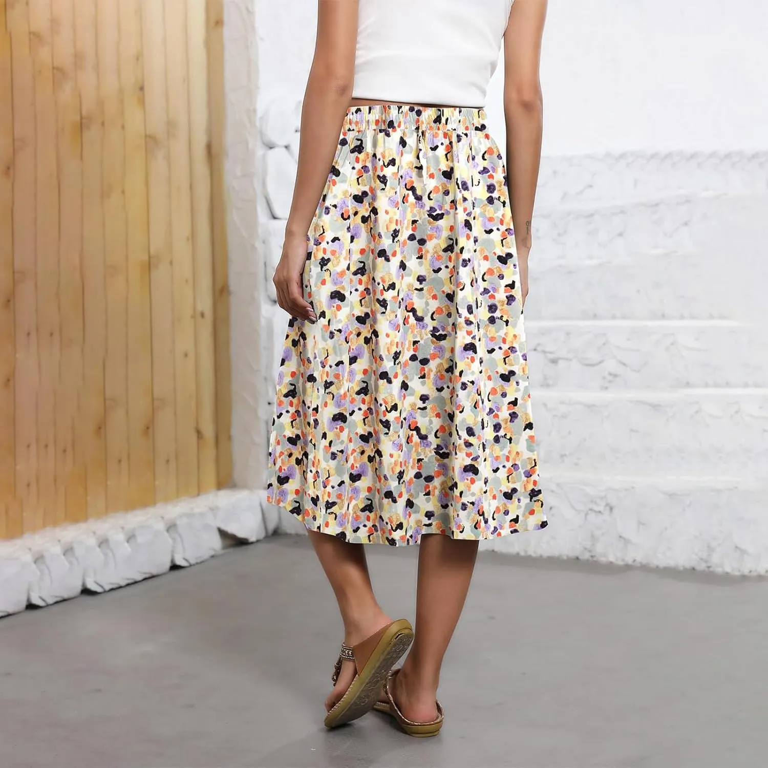 Womens Boho Skirts Summer Trendy Flowy Swing High Waisted Floral Midi Skirts Pleated Beach A-Line Skirt with Pockets