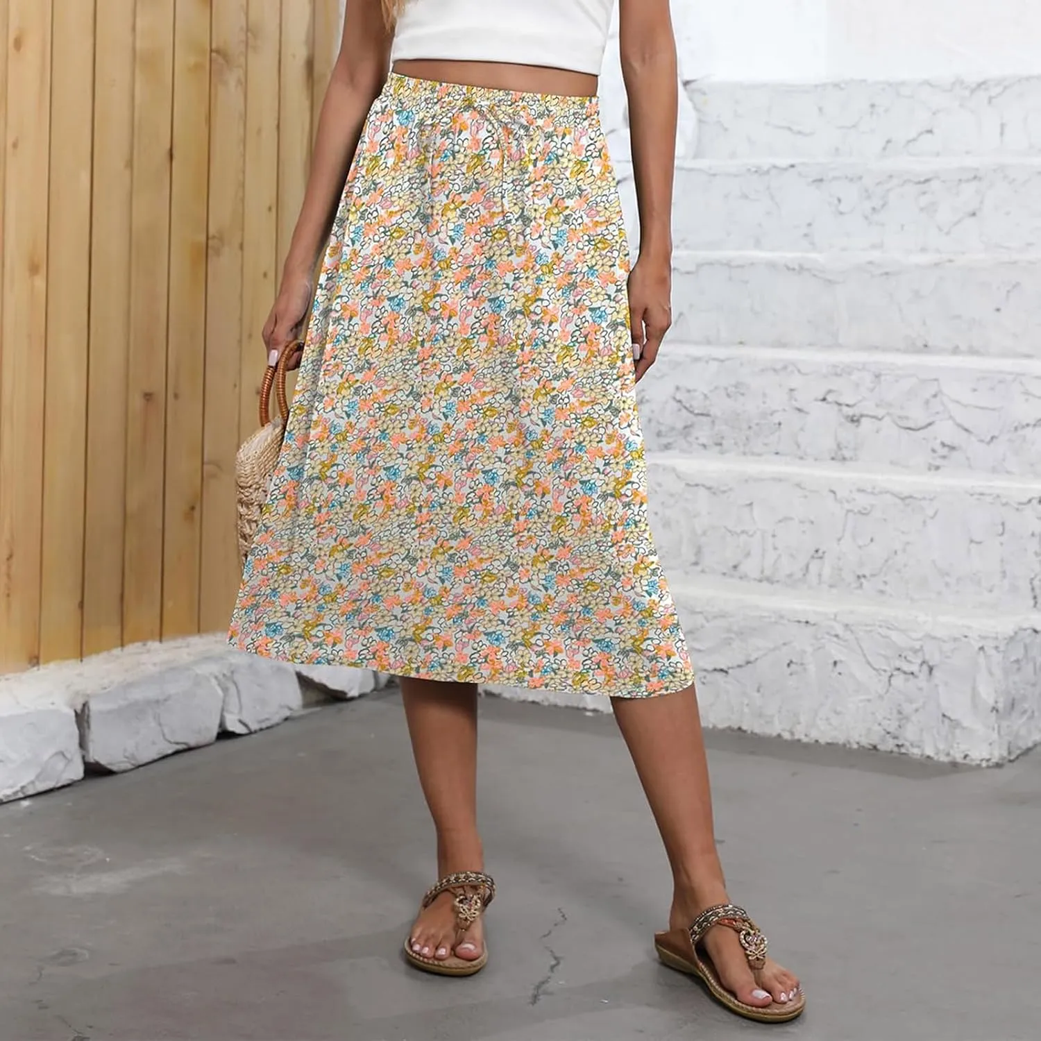 Womens Boho Skirts Summer Trendy Flowy Swing High Waisted Floral Midi Skirts Pleated Beach A-Line Skirt with Pockets