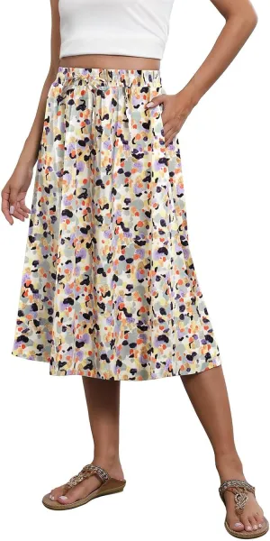Womens Boho Skirts Summer Trendy Flowy Swing High Waisted Floral Midi Skirts Pleated Beach A-Line Skirt with Pockets