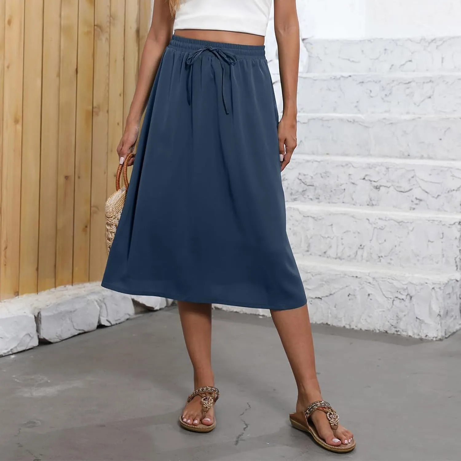 Womens Boho Skirts Summer Trendy Flowy Swing High Waisted Floral Midi Skirts Pleated Beach A-Line Skirt with Pockets