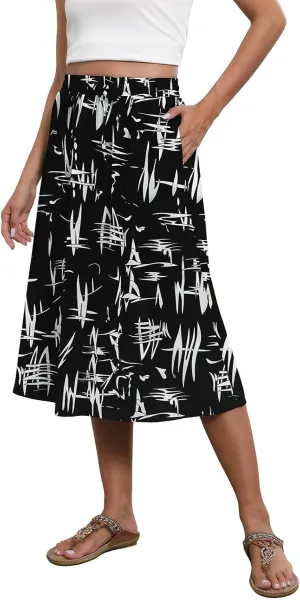 Womens Boho Skirts Summer Trendy Flowy Swing High Waisted Floral Midi Skirts Pleated Beach A-Line Skirt with Pockets