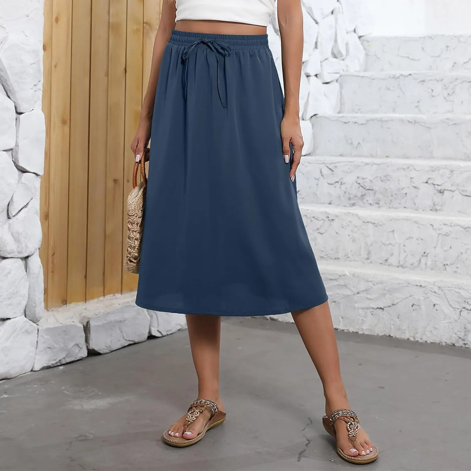 Womens Boho Skirts Summer Trendy Flowy Swing High Waisted Floral Midi Skirts Pleated Beach A-Line Skirt with Pockets