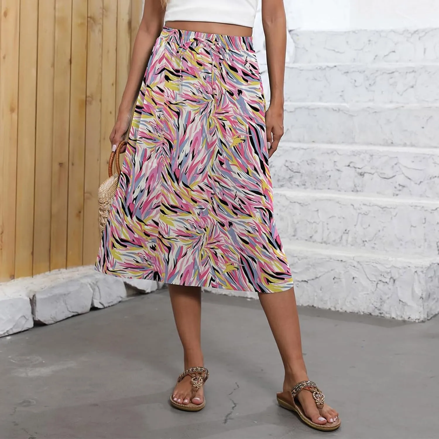 Womens Boho Skirts Summer Trendy Flowy Swing High Waisted Floral Midi Skirts Pleated Beach A-Line Skirt with Pockets