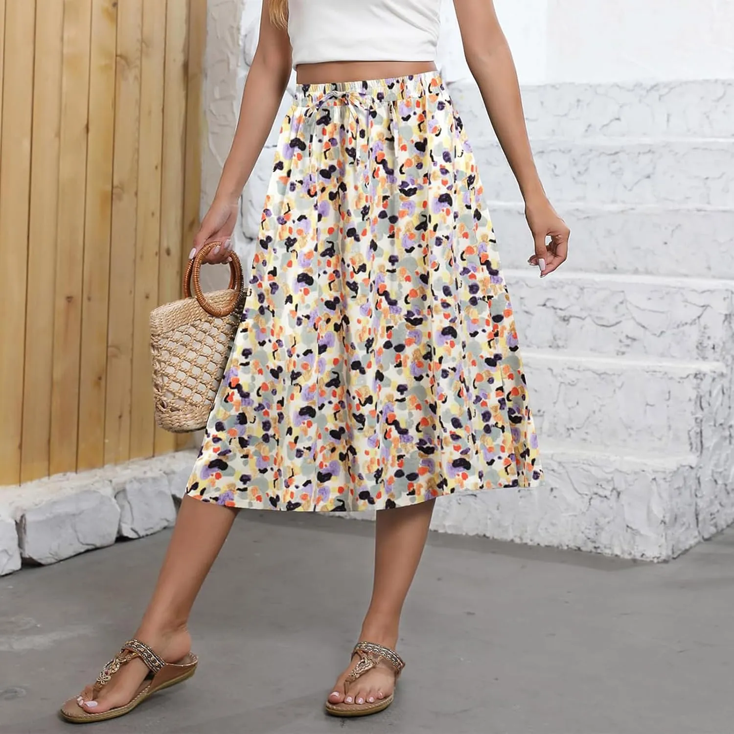 Womens Boho Skirts Summer Trendy Flowy Swing High Waisted Floral Midi Skirts Pleated Beach A-Line Skirt with Pockets