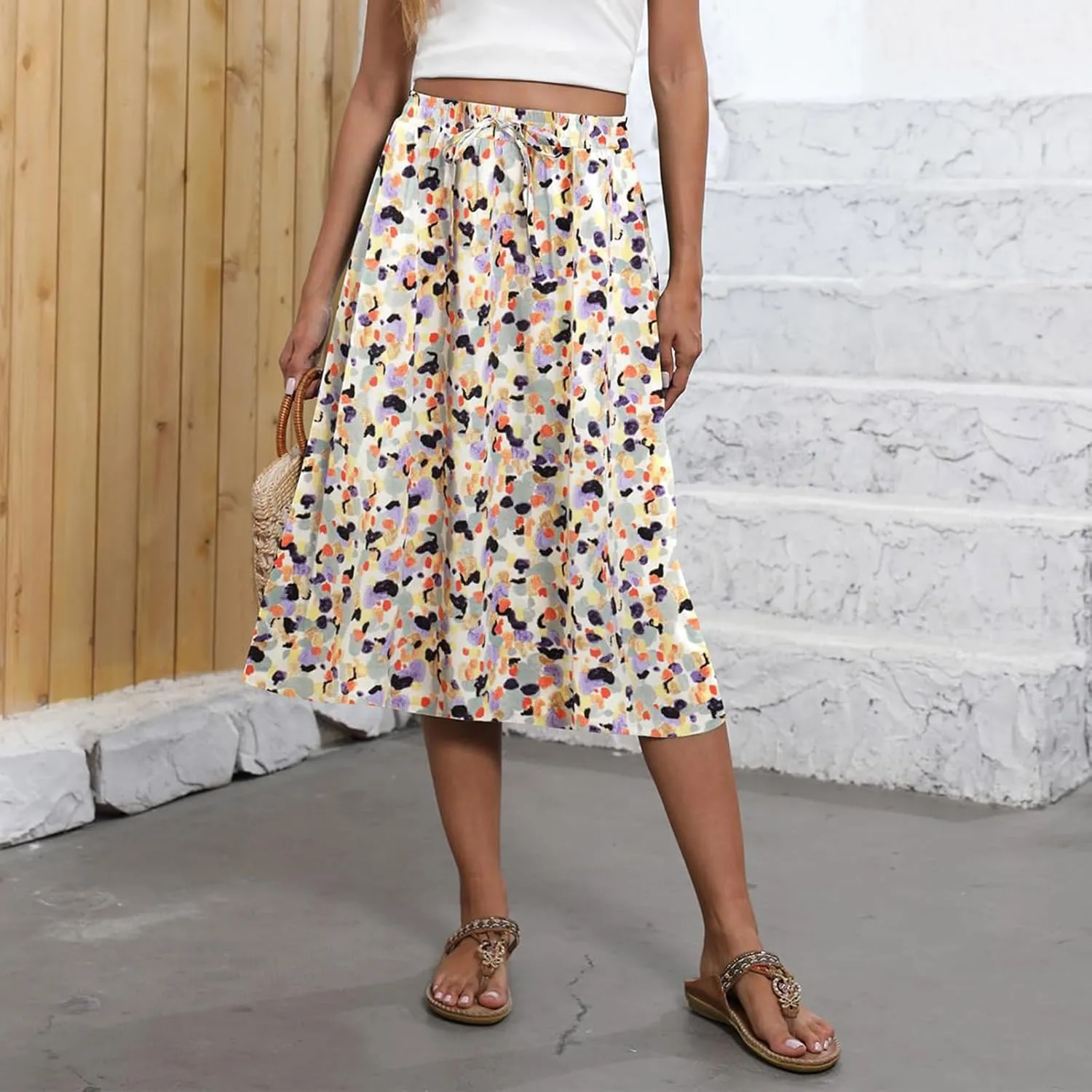 Womens Boho Skirts Summer Trendy Flowy Swing High Waisted Floral Midi Skirts Pleated Beach A-Line Skirt with Pockets