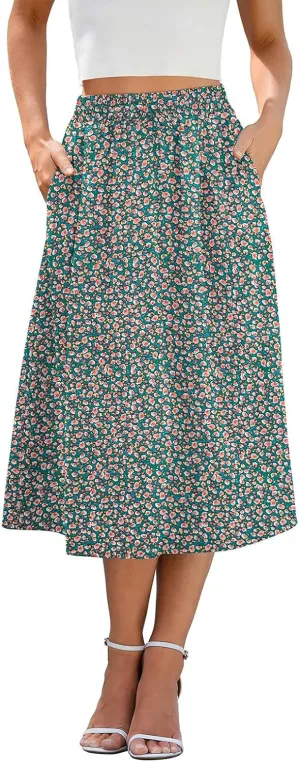 Womens Boho Skirts Summer Trendy Flowy Swing High Waisted Floral Midi Skirts Pleated Beach A-Line Skirt with Pockets