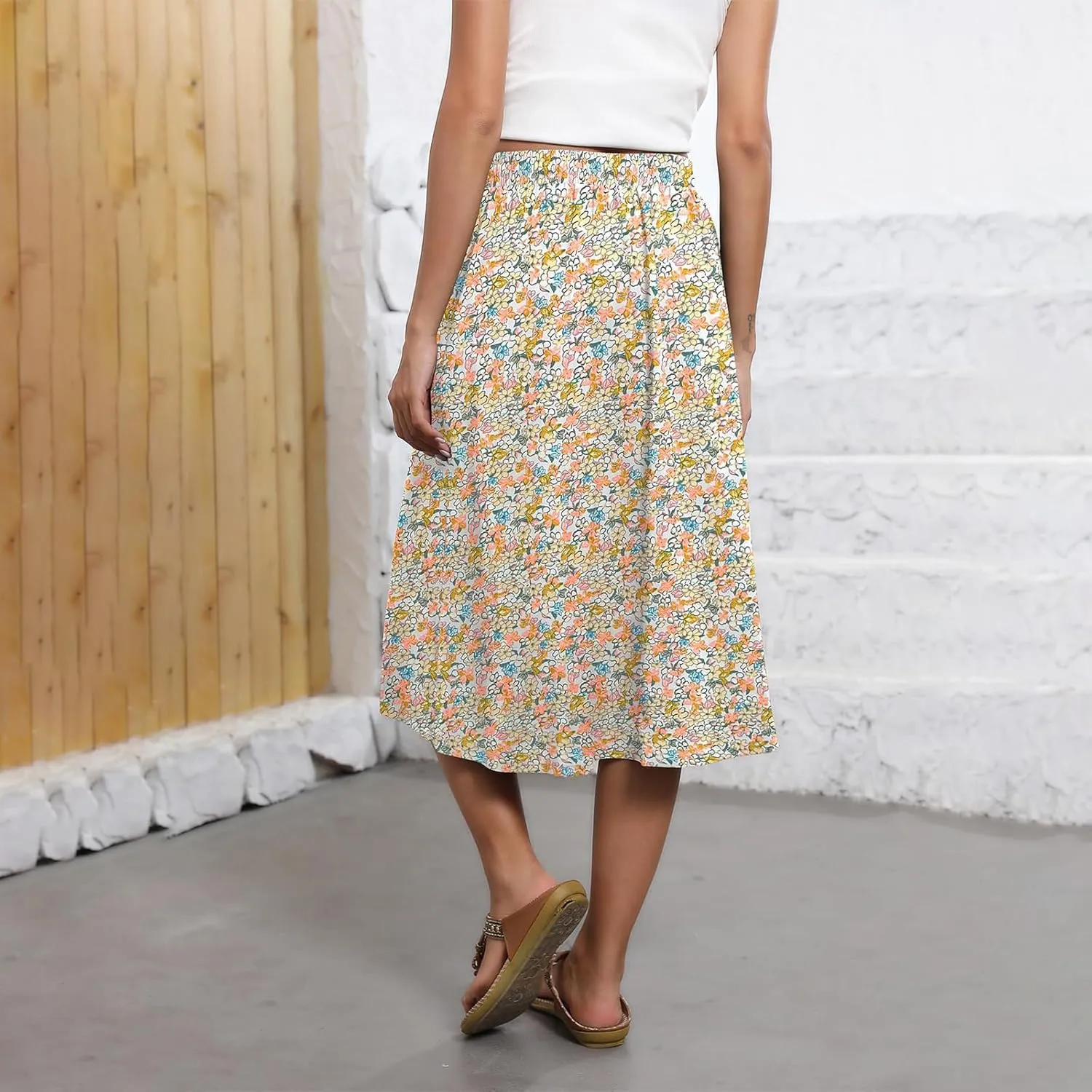Womens Boho Skirts Summer Trendy Flowy Swing High Waisted Floral Midi Skirts Pleated Beach A-Line Skirt with Pockets