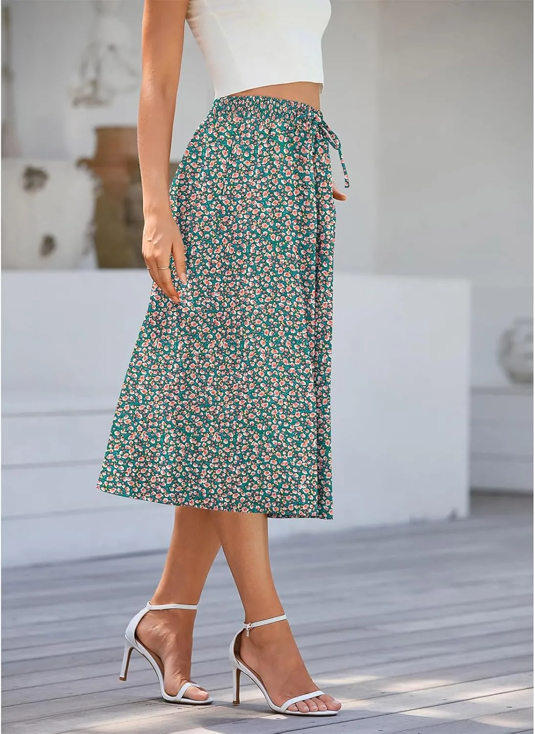 Womens Boho Skirts Summer Trendy Flowy Swing High Waisted Floral Midi Skirts Pleated Beach A-Line Skirt with Pockets