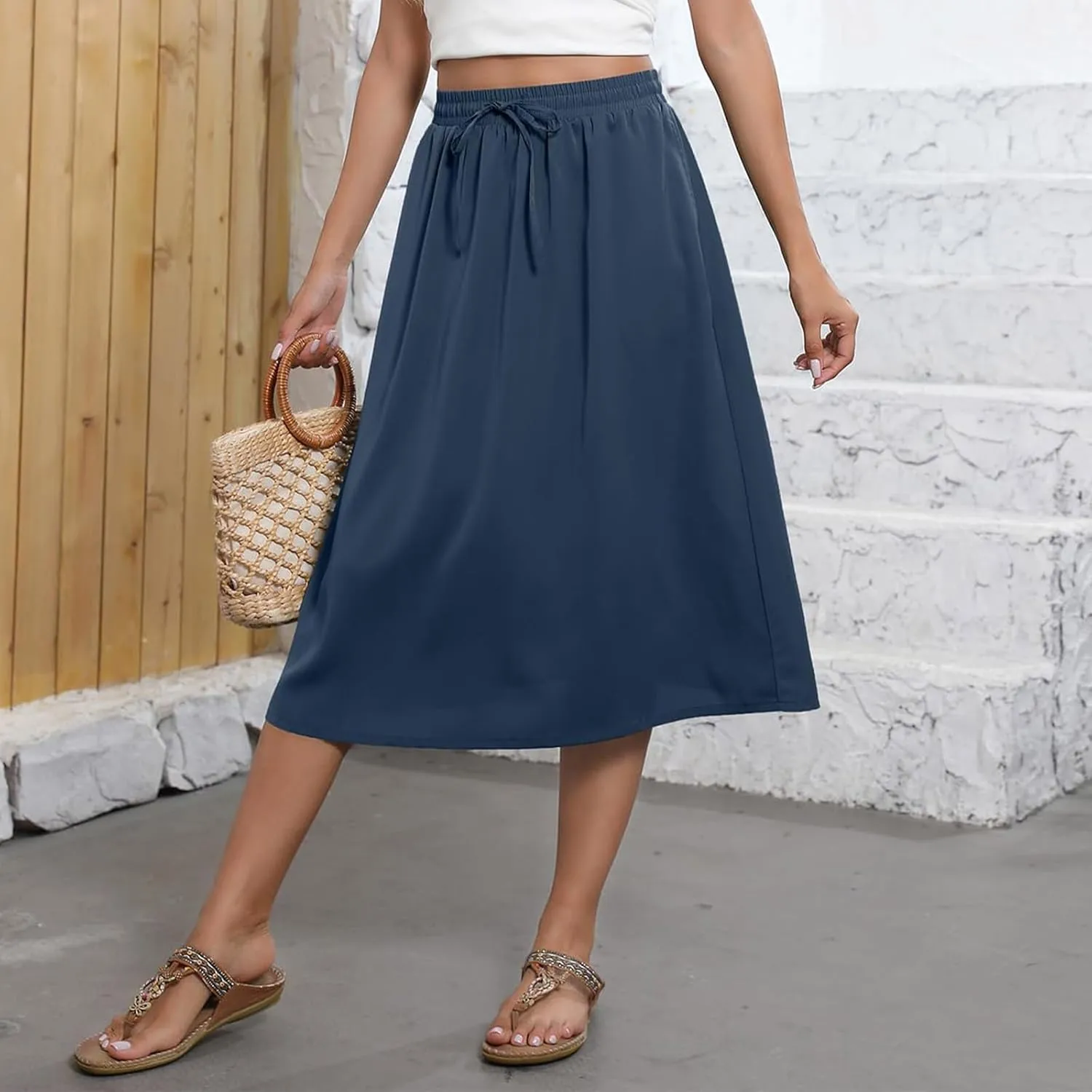 Womens Boho Skirts Summer Trendy Flowy Swing High Waisted Floral Midi Skirts Pleated Beach A-Line Skirt with Pockets